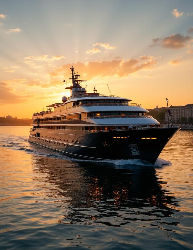 Vue panoramique d'un navire de luxe sur un fleuve calme