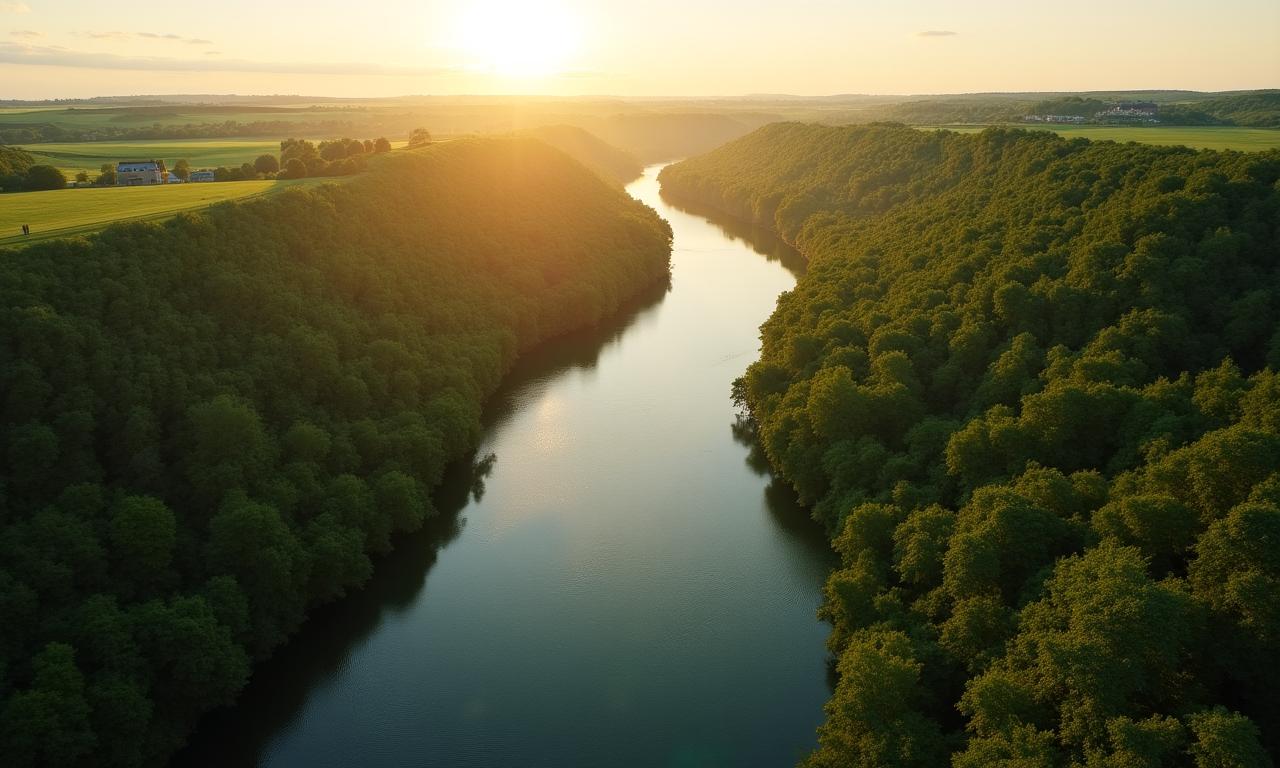 Vue aérienne panoramique de la Seine serpentant à travers la campagne normande